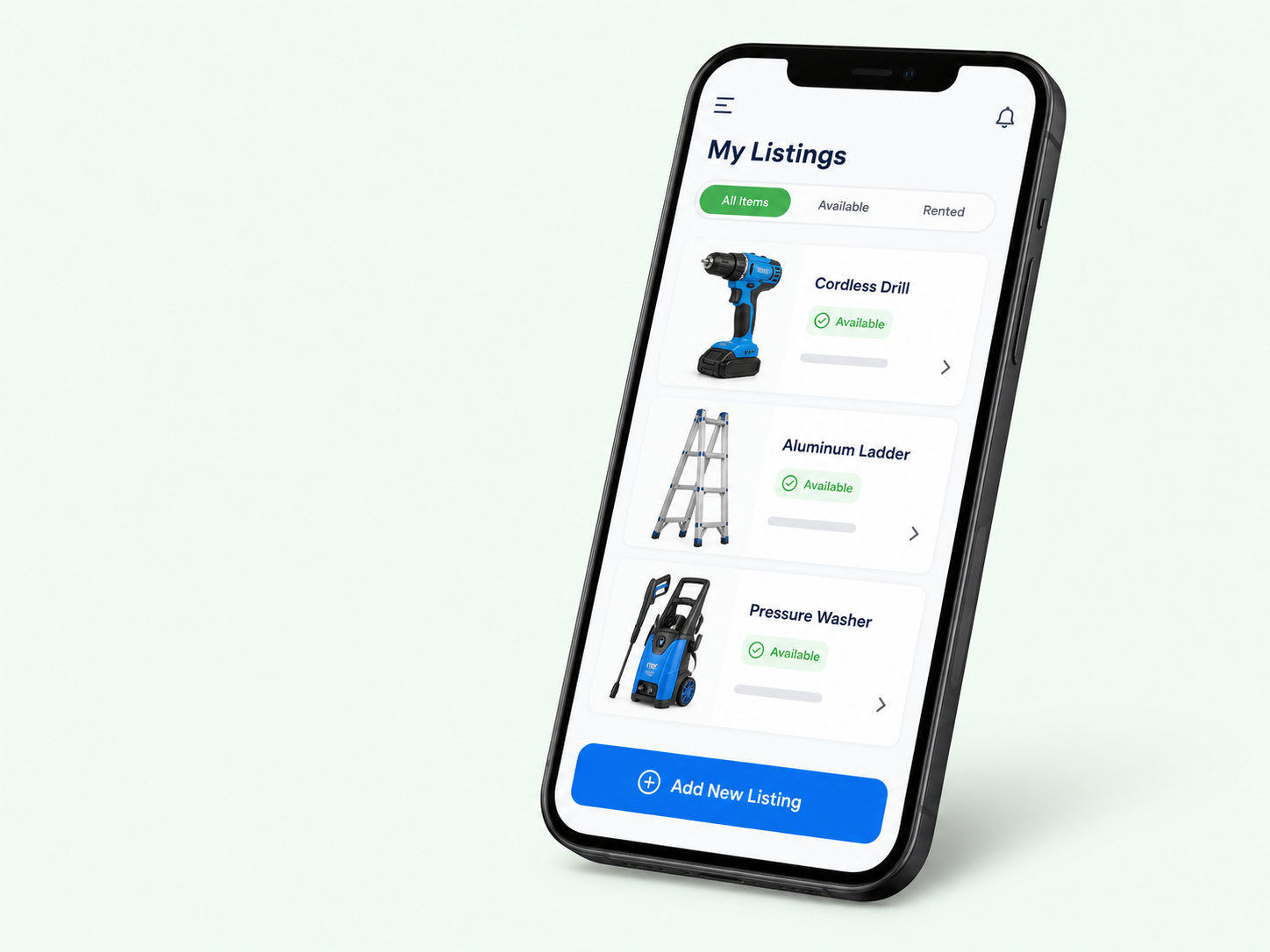 HireHopping tool listings displayed on a smartphone