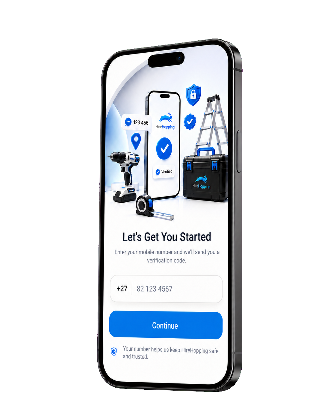 HireHopping onboarding screen displayed in a left-facing iPhone mockup